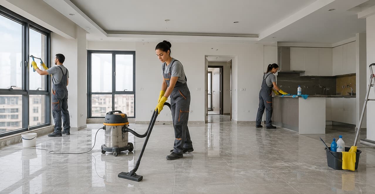 İnşaat sonrası temizlik yapan profesyonel temizlik ekibi, geniş ve aydınlık bir iç mekânda zeminlerdeki inşaat tozlarını temizlerken kullanılan temizlik ekipmanları.